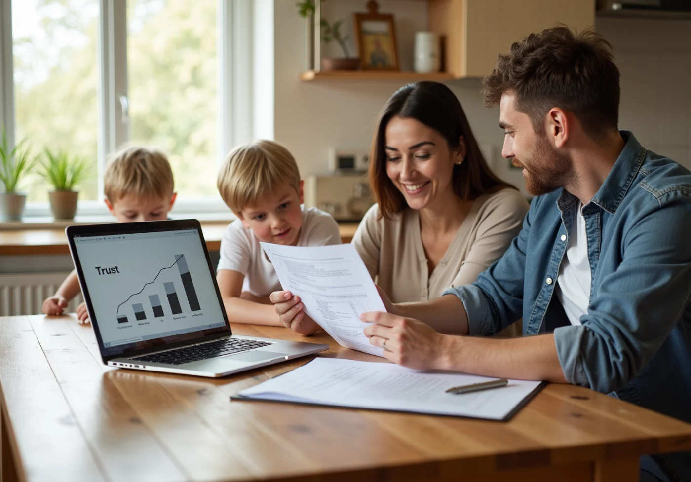 A family reviewing documents together at a table with a laptop and papers.