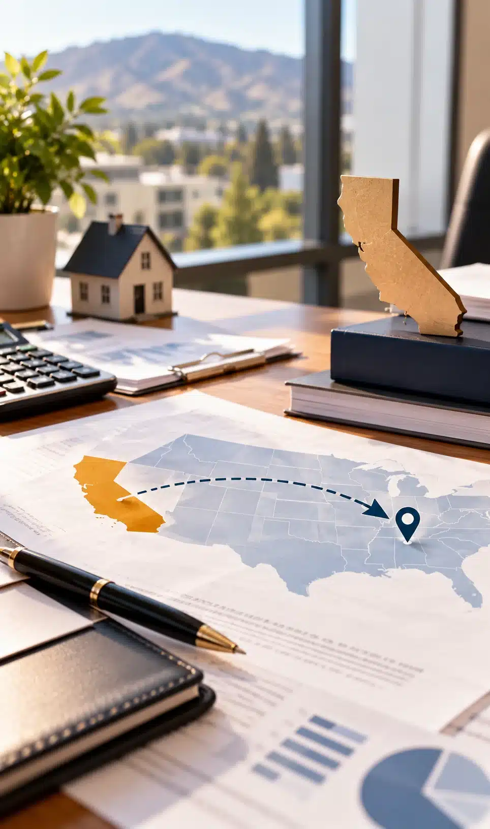 keep it simple and short Tax planning documents and a California map illustrating business relocation.