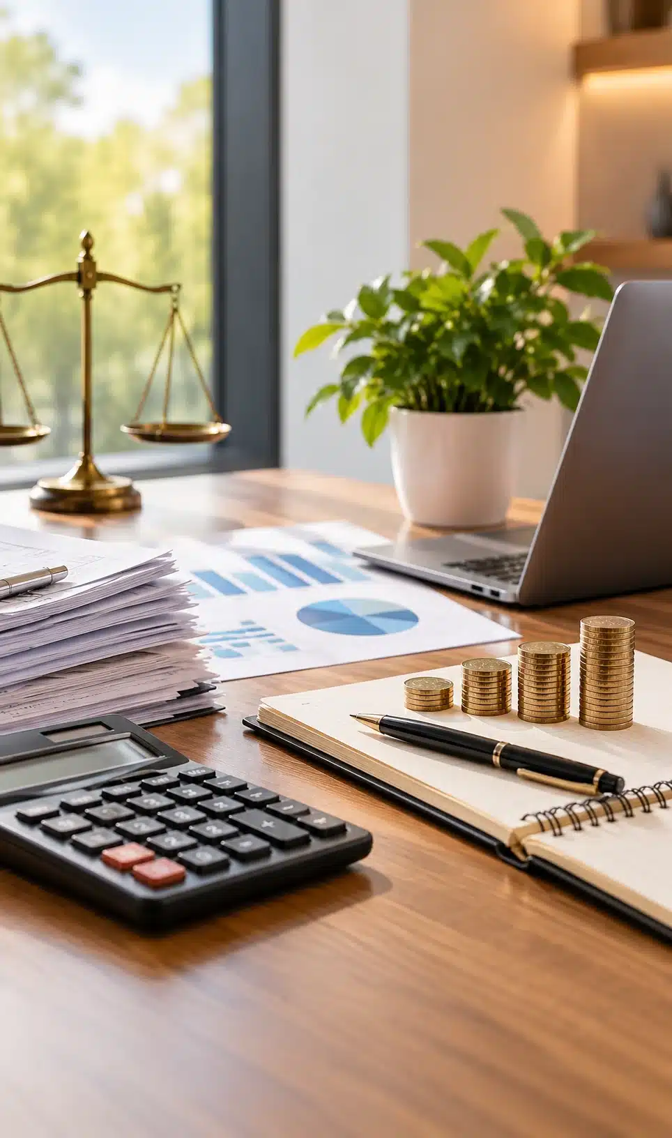 Tax planning and tax preparation documents with a calculator, financial charts, and coins on a desk.