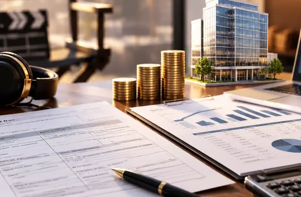 Tax documents, financial charts, and business planning materials on a desk in an entertainment industry setting.