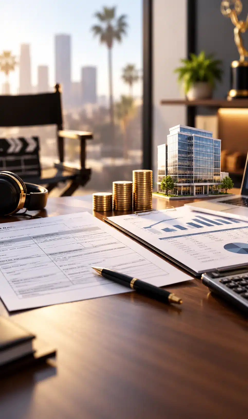 Tax documents, financial charts, and business planning materials on a desk in an entertainment industry setting.