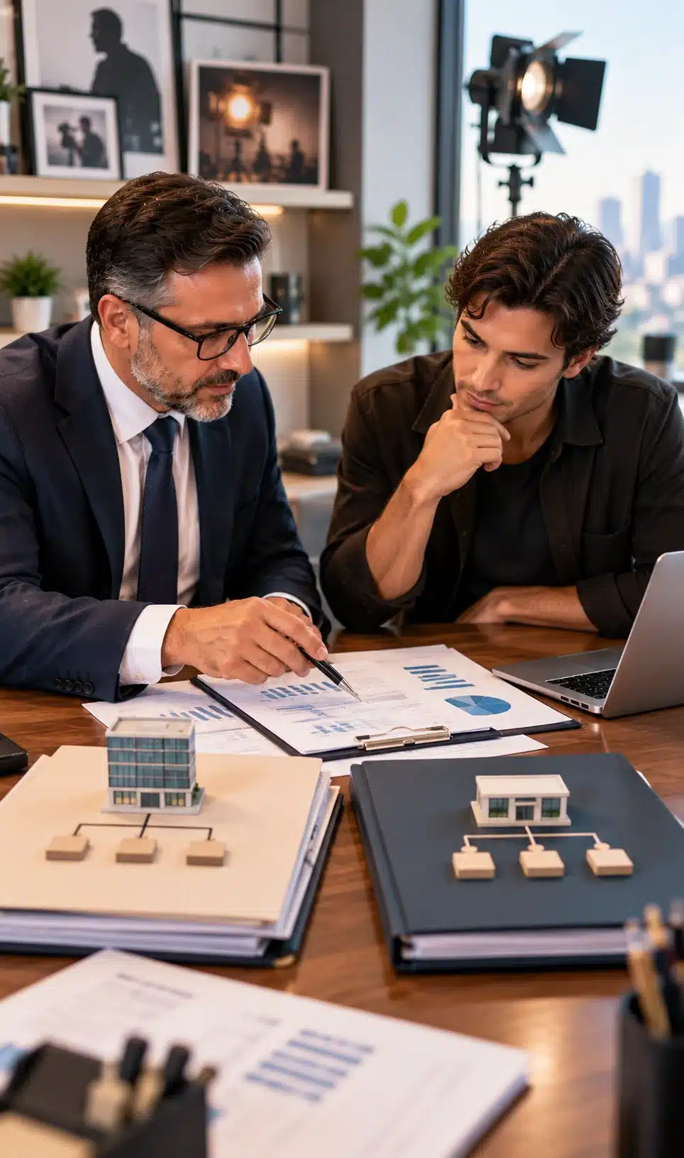 CPA advising an entertainer on tax and business structure using financial documents and corporate planning charts.